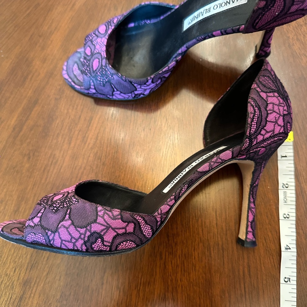 Manolo Blahnik Lace Open-Toe Heels | Purple & Black | Made in Italy | Size 38 - Picture 2 of 9